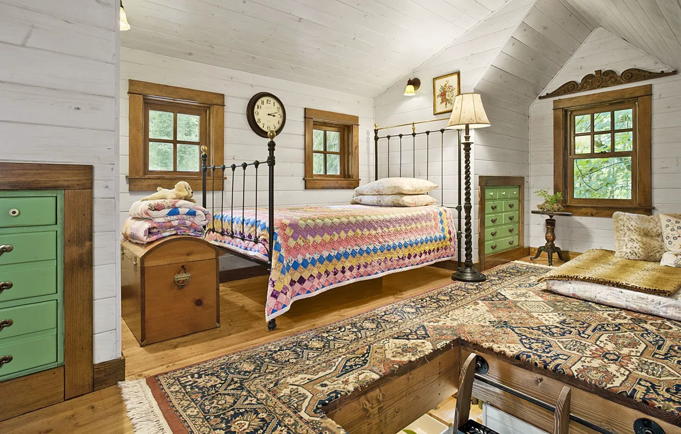 Фото обои дизайн, стиль, интерьер, мансарда, quaint little cabin bedroom, маленькая спальня