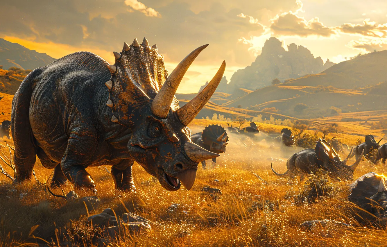 Фото обои трава, животное, динозавр, рога, Triceratops, цифровое искусство, Трицератопс, Древние животные