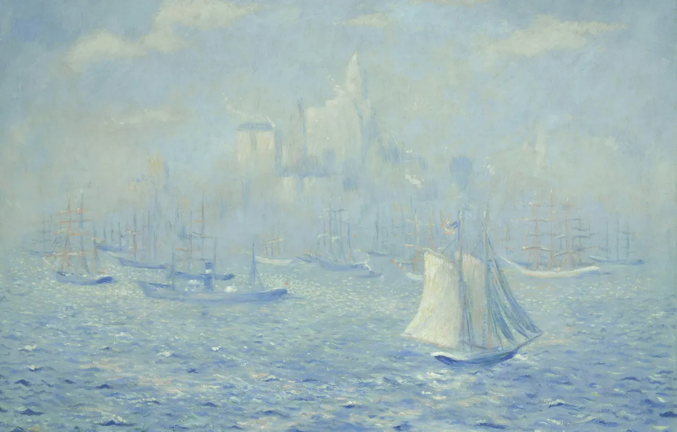 Фото обои лодка, картина, Нью-Йорк, парус, морской пейзаж, Theodore Earl Butler, New York Harbor