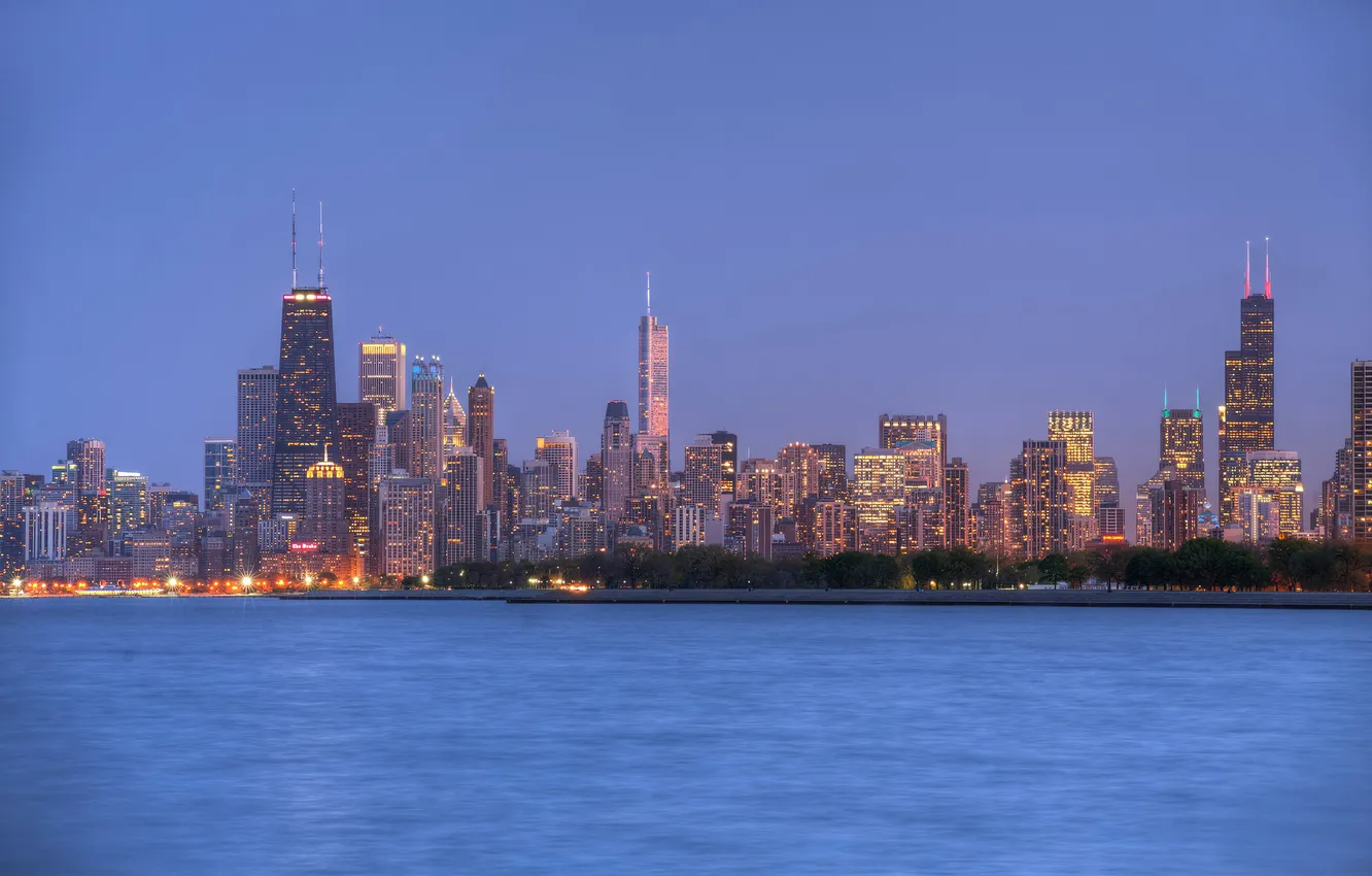 Фото обои город, здания, вечер, Chicago, панорамма