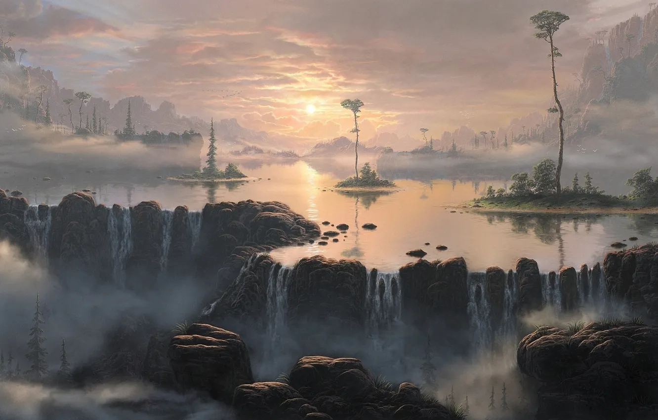 Фото обои солнце, деревья, туман, отражение, водопад, Fel-X (deviantart)