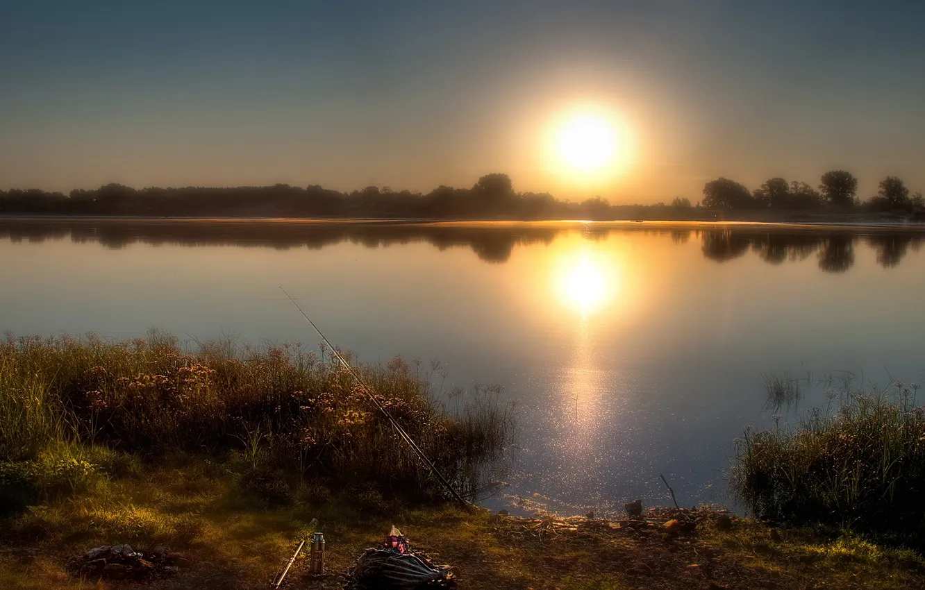 Фото обои пейзаж, закат, река, рыбалка