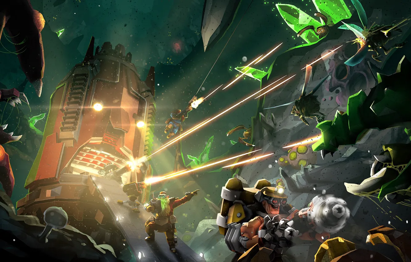 Фото обои станция, монстры, гномы, пещера, обстрел, Deep Rock Galactic