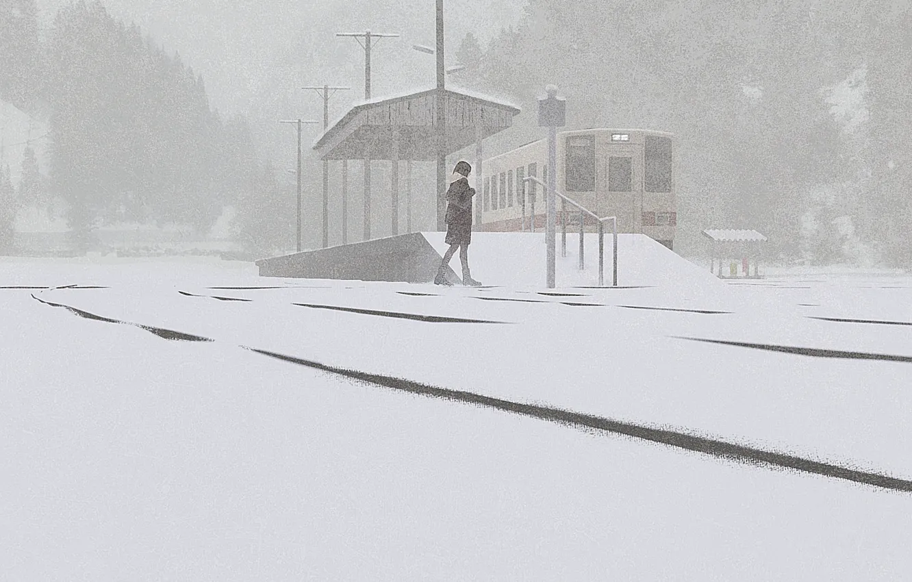 Фото обои девушка, поезд, снегопад
