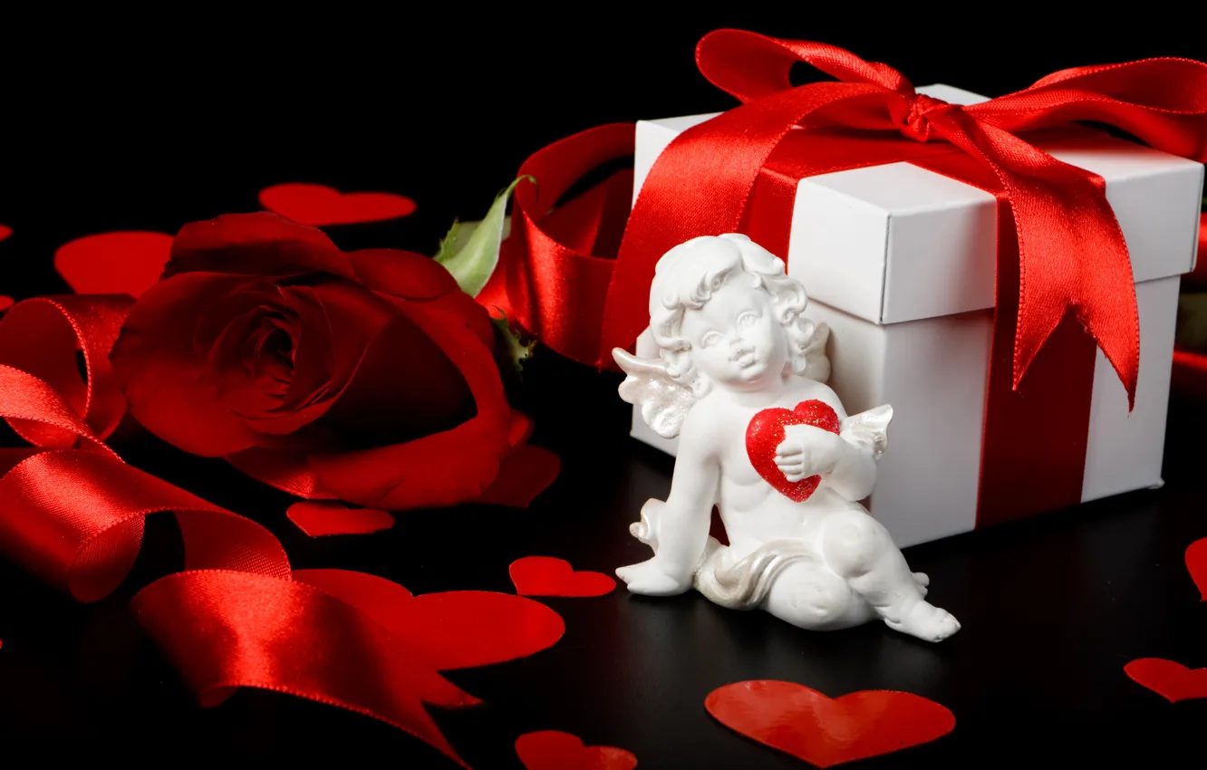 Фото обои коробка, подарок, роза, лента, сердечки, red, rose, box, hearts, купидон, Valentine's day, День Святого Валентина, …