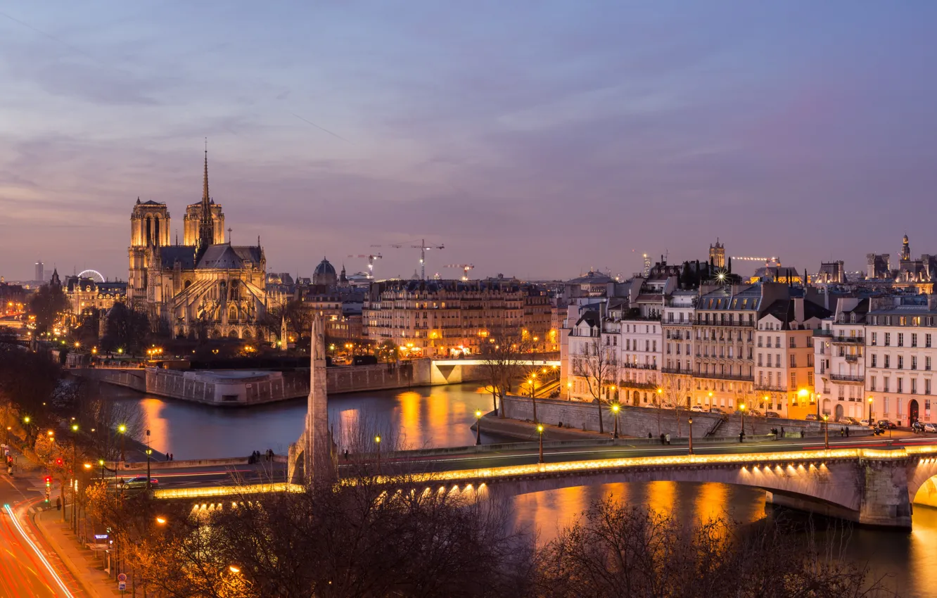 Фото обои ночь, мост, огни, река, Франция, Париж, подсветка, Сена
