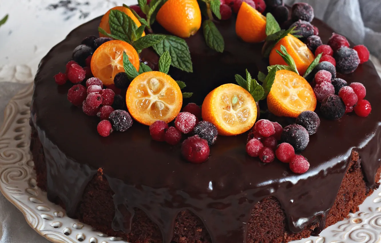 Фото обои ягоды, шоколад, торт, кумкват