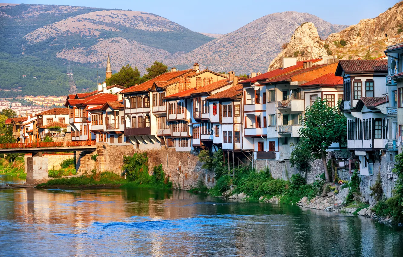 Фото обои пейзаж, горы, мост, река, скалы, дома, солнечно, Турция