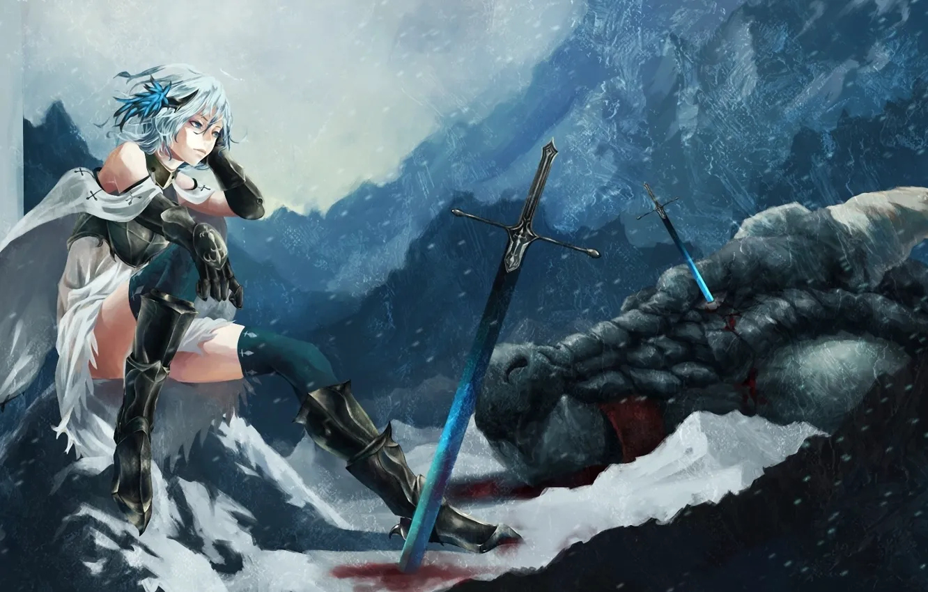 Фото обои снег, Аниме, мечи, фетези