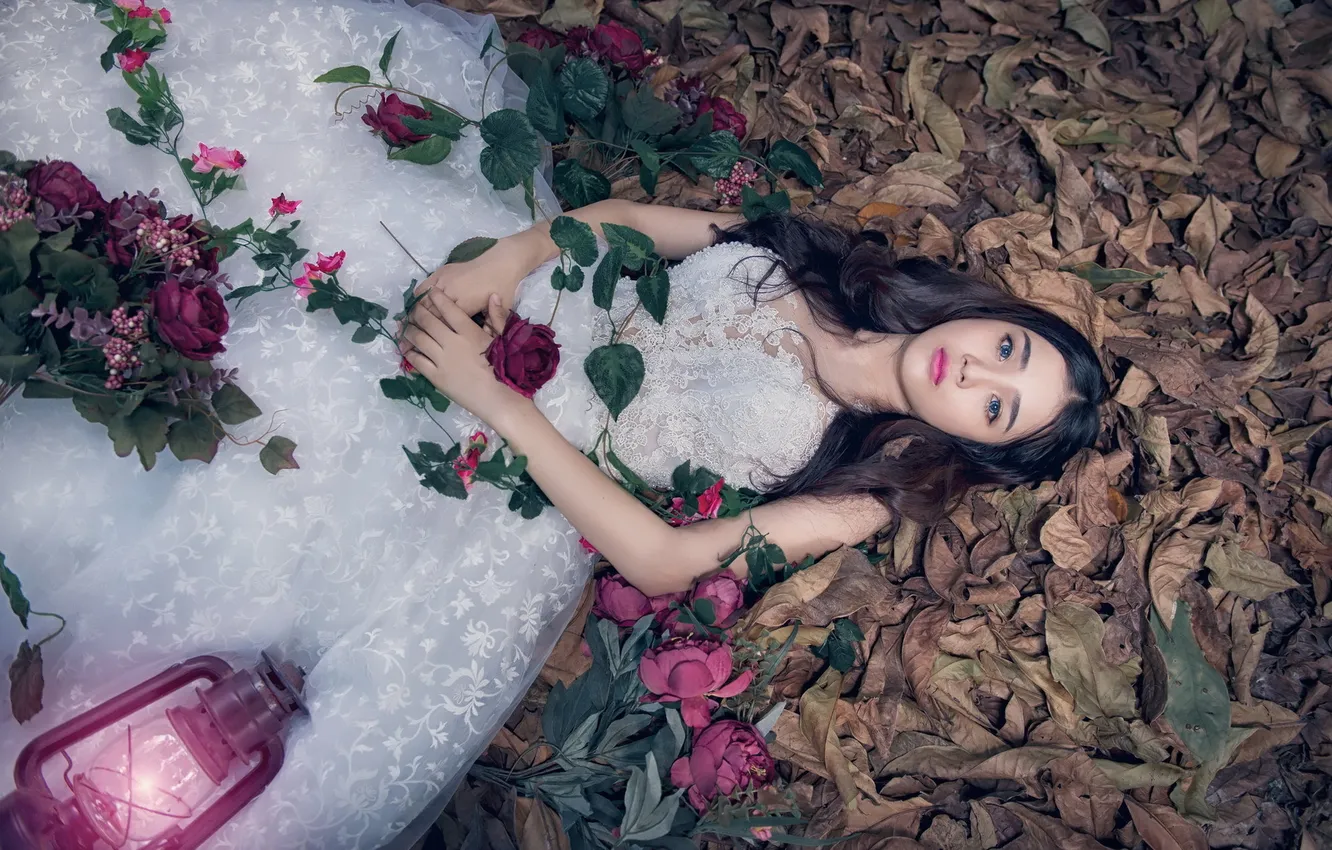 Фото обои девушка, лампа, розы