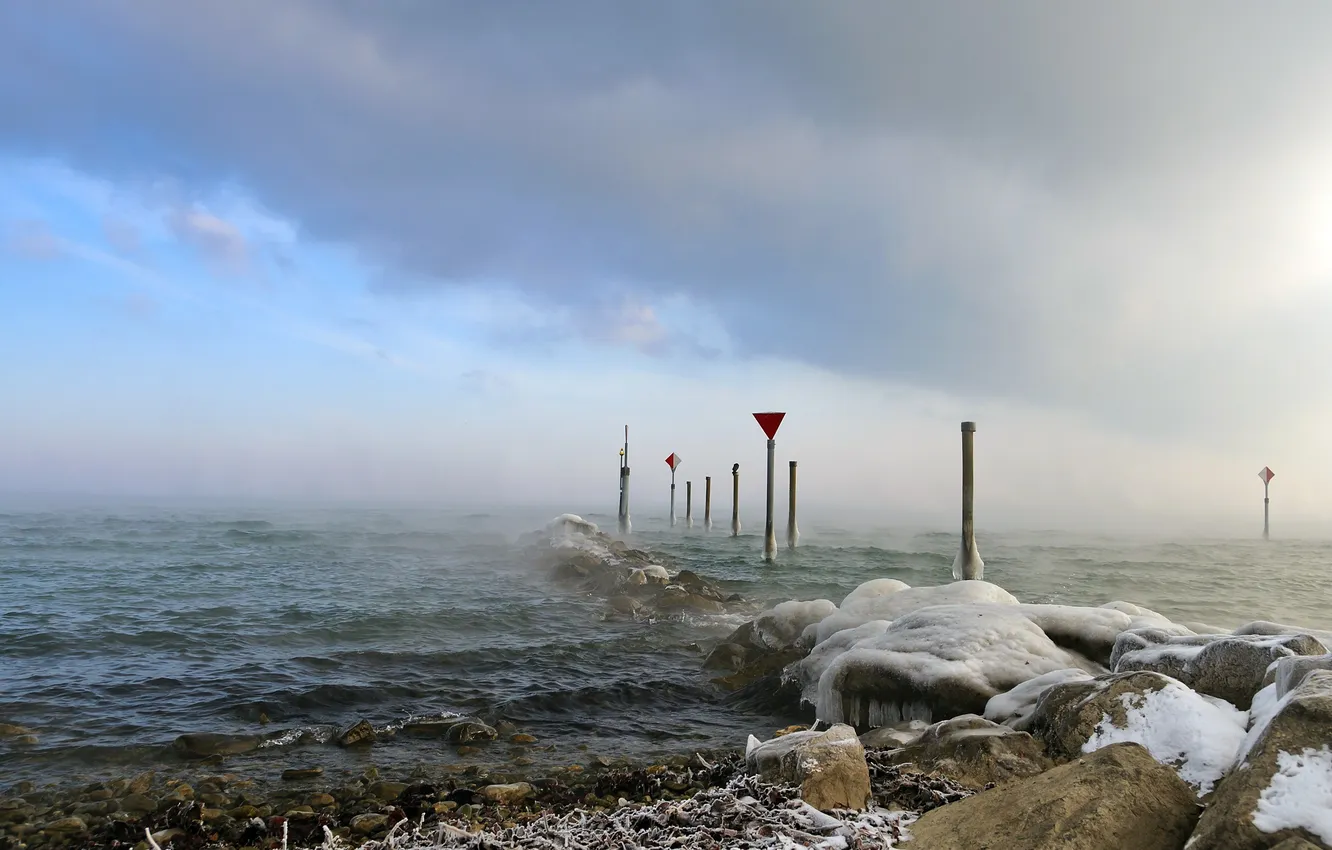 Фото обои море, пейзаж, лёд, знаки