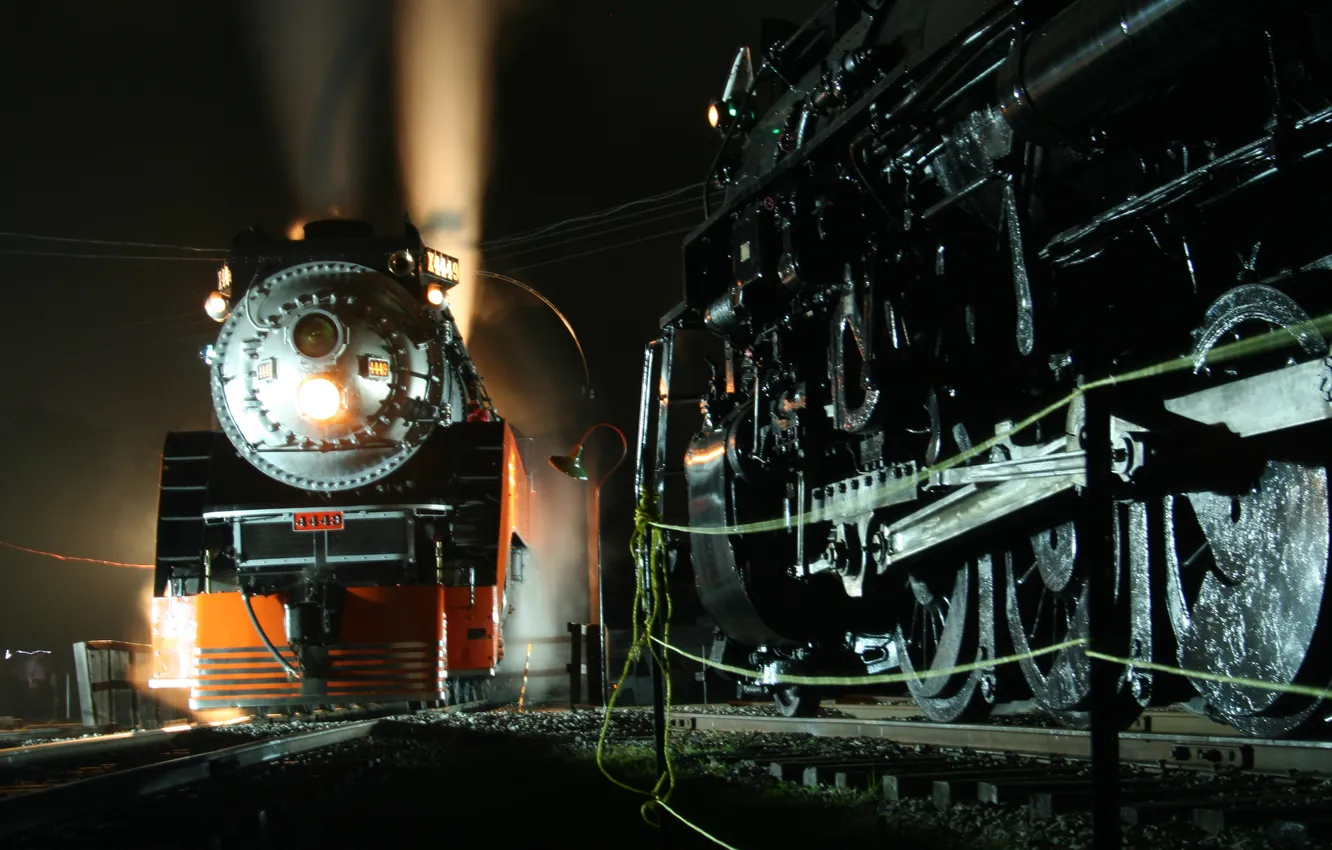 Фото обои свет, ночь, дым, рельсы, паровоз, Поезд, пар
