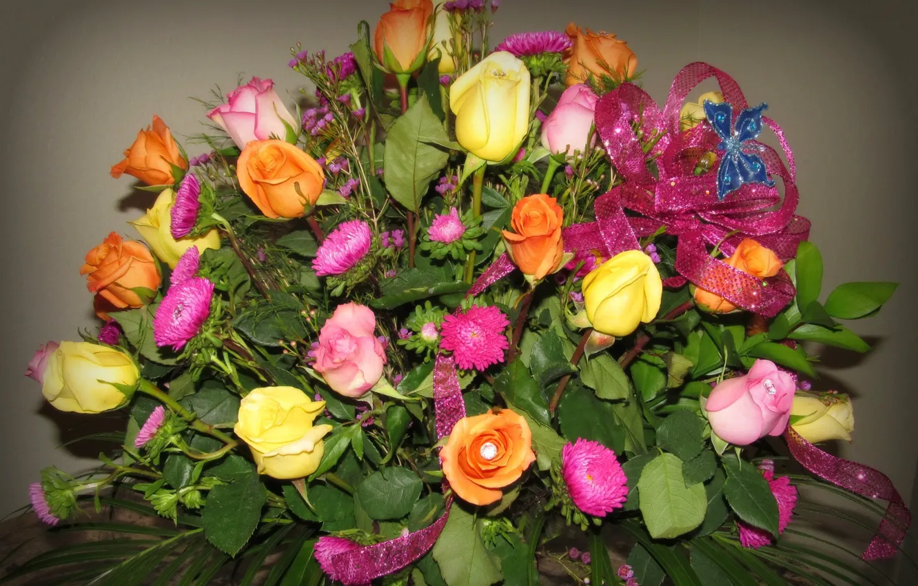 Фото обои цветы, розы, букет, бантик