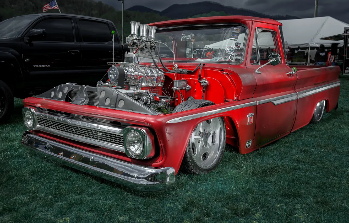 Фото обои красный, двигатель, Chevrolet, пикап, мотор