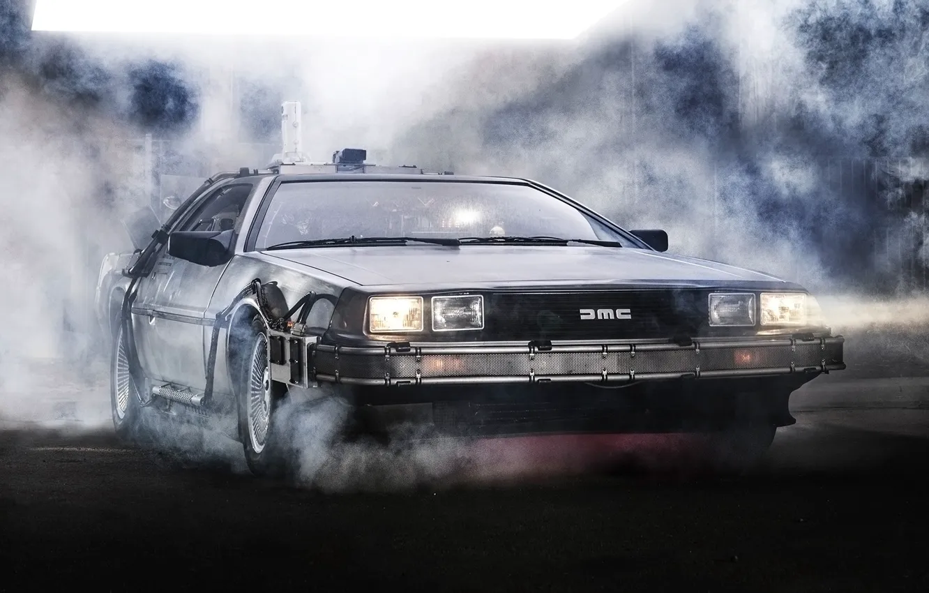 Фото обои фон, фары, дым, Назад в будущее, ДеЛориан, DeLorean, DMC-12, передок