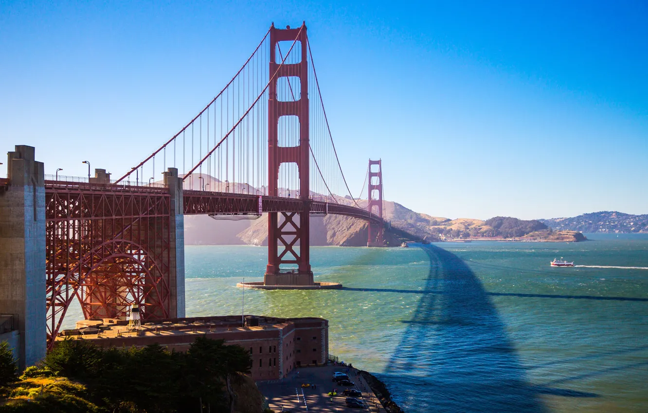 Фото обои небо, горы, мост, залив, Сан-Франциско, Золотые Ворота