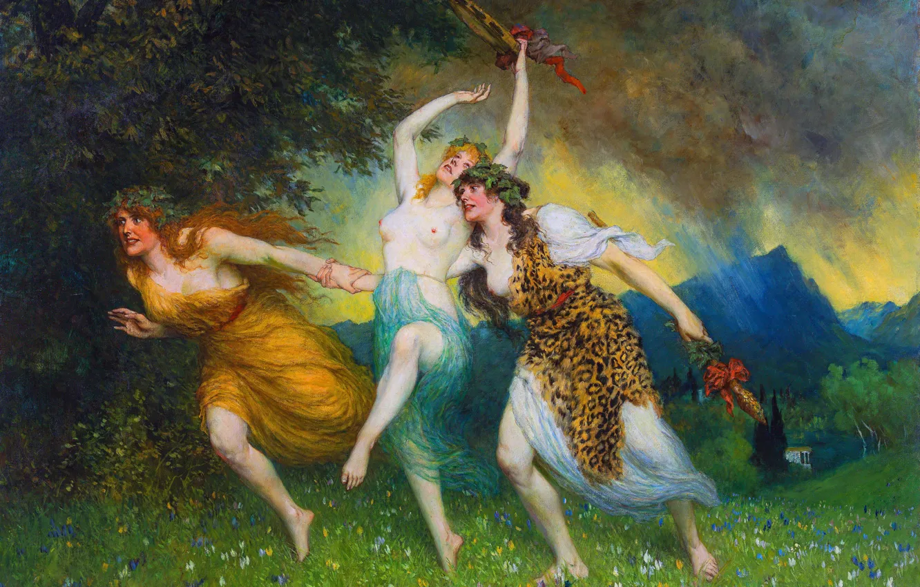 Фото обои Девушки, Картина, Трое, Ferdinand Leeke, Фердинанд Леке, Немецкий художник, Убегающие нимфы