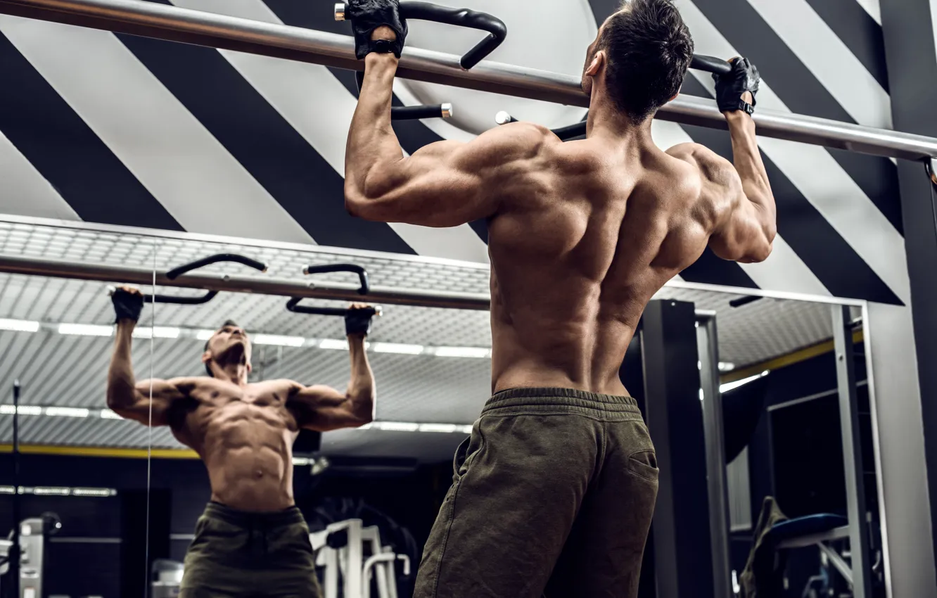 Фото обои отражения, Спина, muscle, мышцы, Back, турник, workout, тренажерный зал