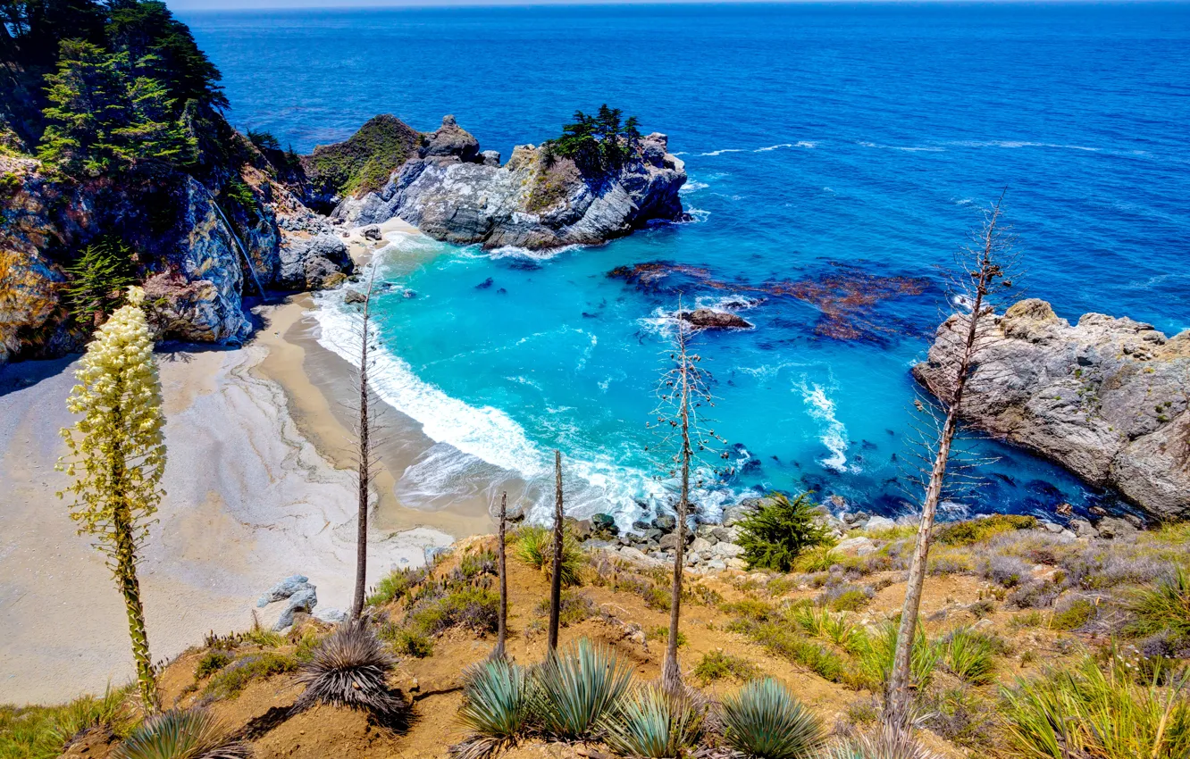 Фото обои песок, камни, скалы, побережье, водопад, бухта, горизонт, Калифорния