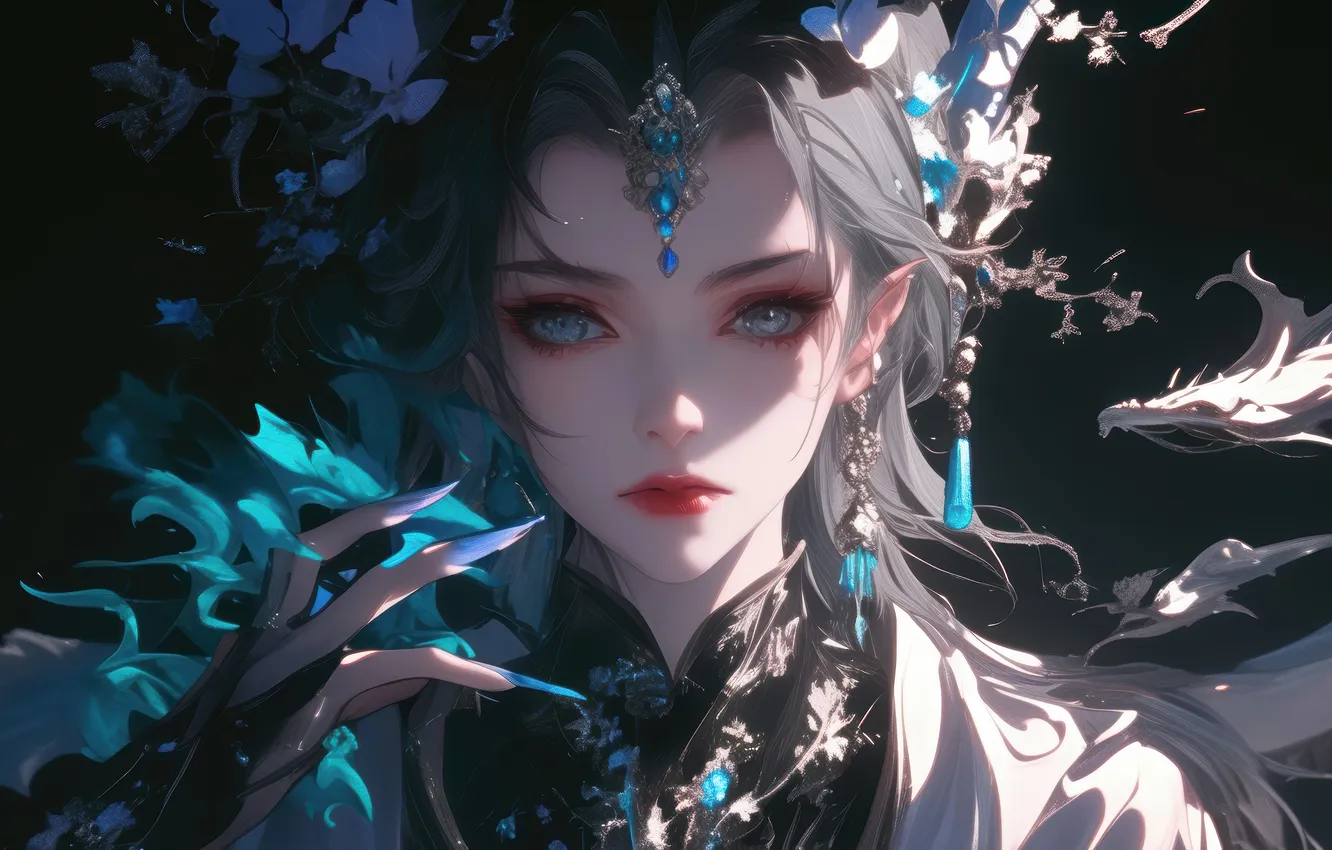 Фото обои Girl, Fantasy, Anime, Face, White Hair, Fantasy Girl, Anime Girl