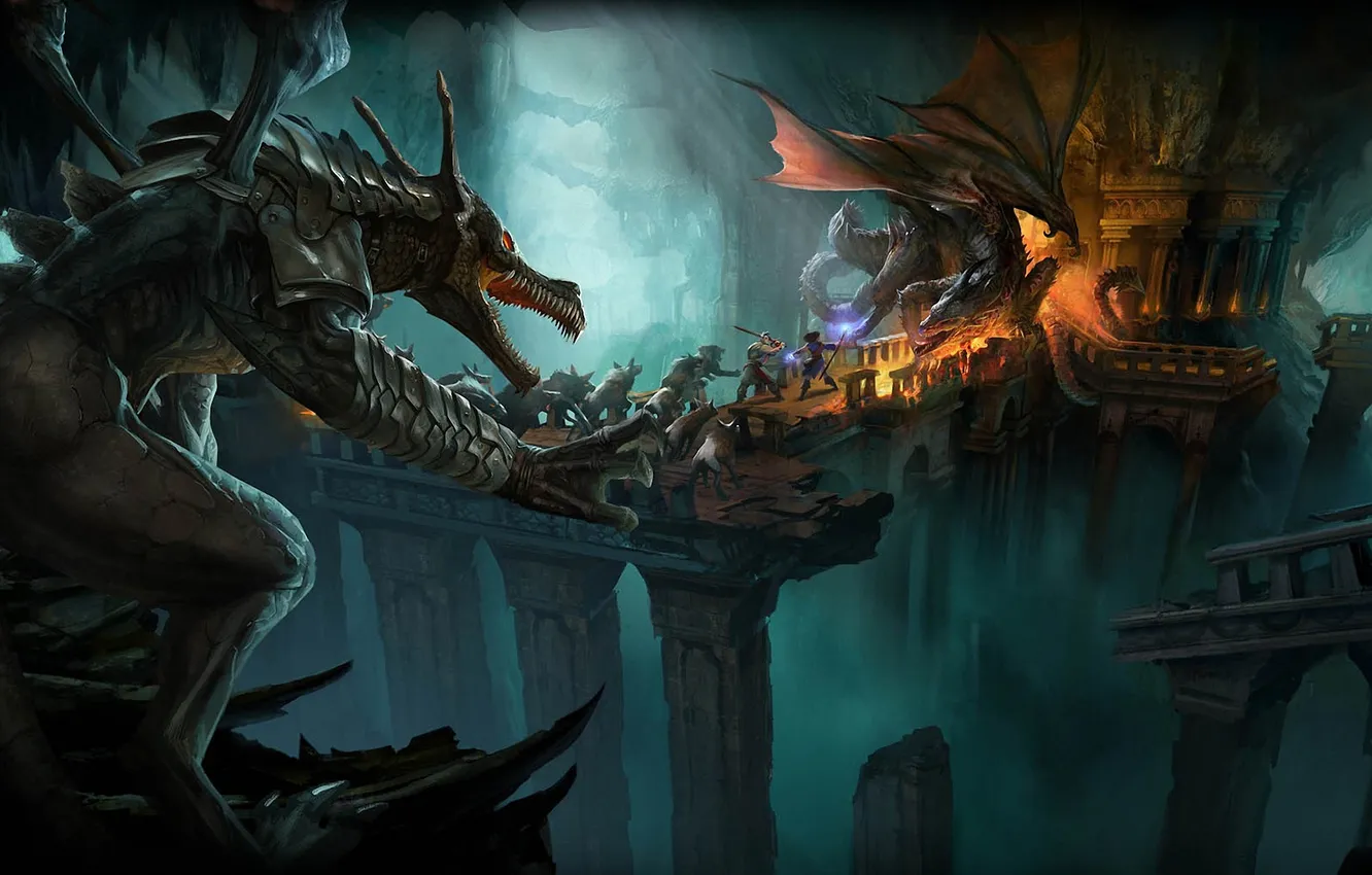 Фото обои драконы, битва, подземелье, путники, Drakensang Online