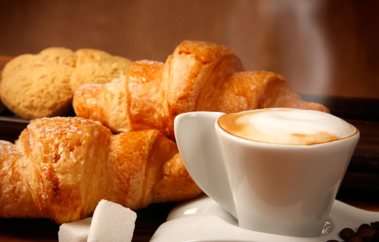 Фото обои кофе, кофейные зерна, аромат, coffee, круассаны, croissants, aroma coffee beans, кубики сахара