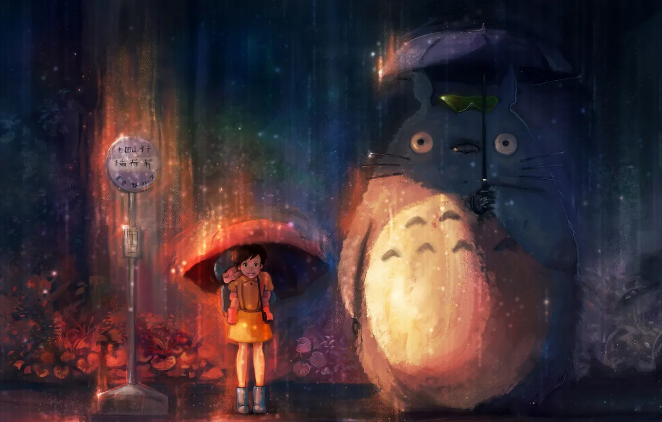 Фото обои дождь, зонт, Мой сосед Тоторо, totoro, anime, Satsuki Kusakabe, Mei Kusakabe, My Neighbor Totoro