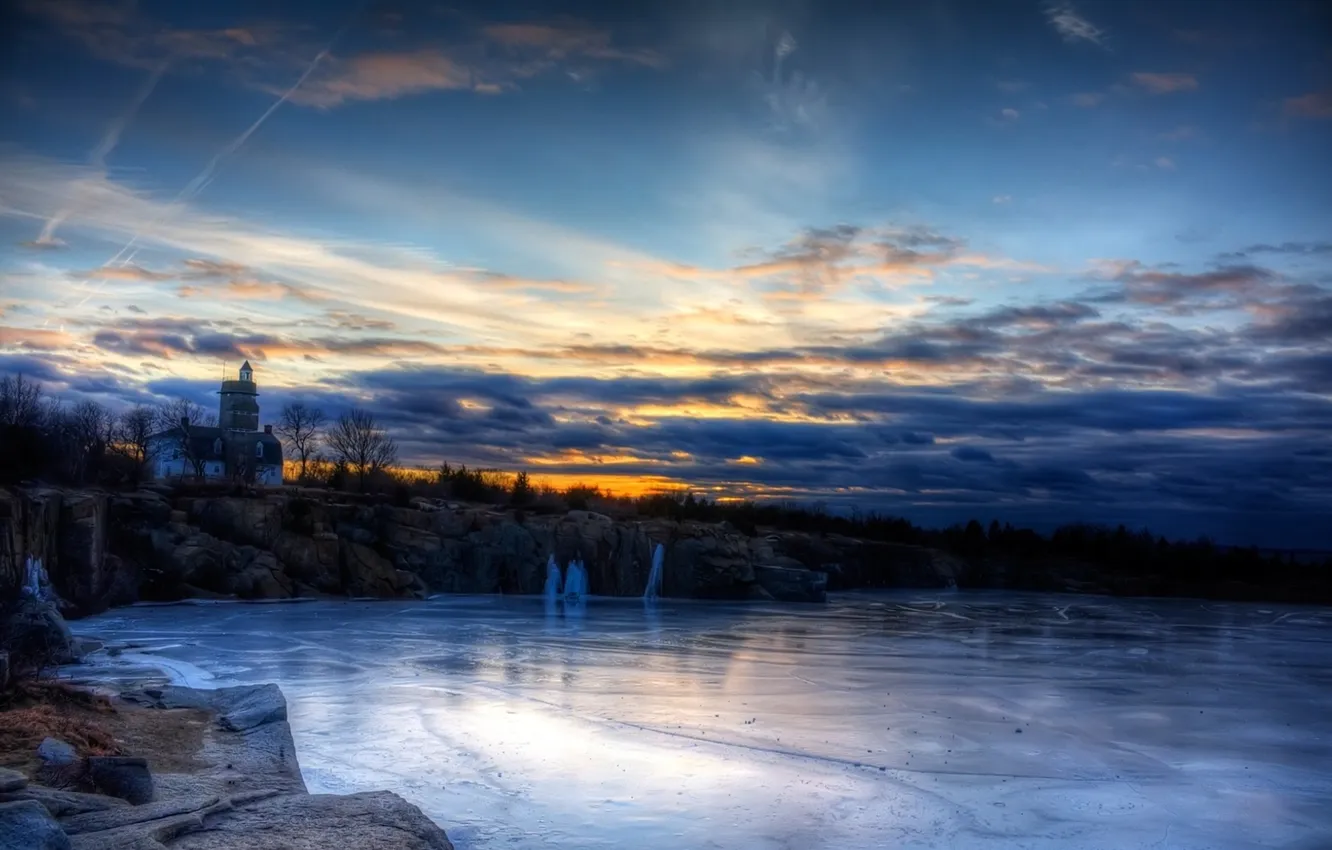 Фото обои лед, зима, небо, деревья, закат, озеро