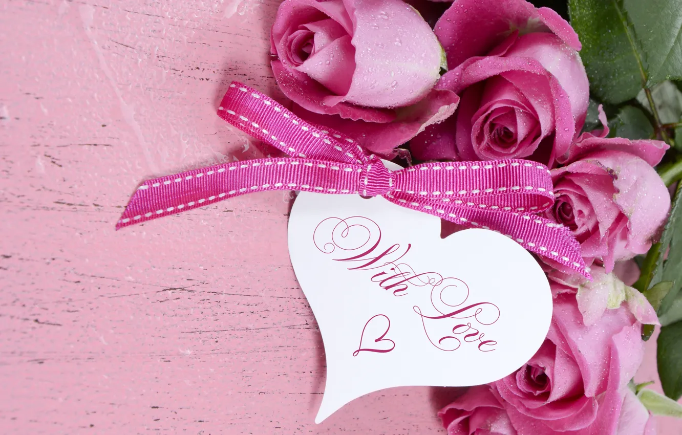 Фото обои надпись, розы, букет, сердечко, бантик