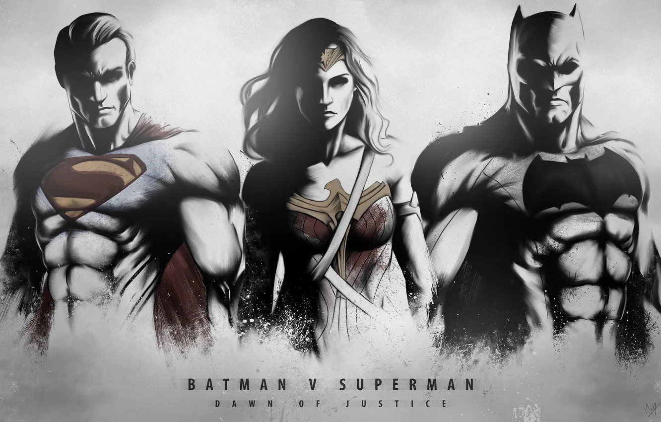 Фото обои Wonder Woman, Batman, Digital Art, Superman, DC Comics, Fan Art, Batman v Superman, Dawn of …