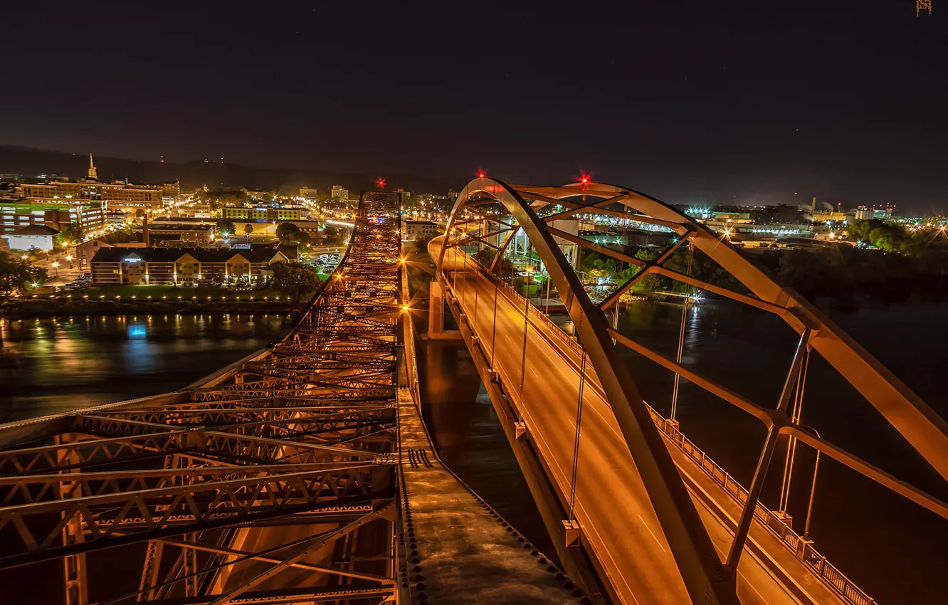 Фото обои ночь, мост, город