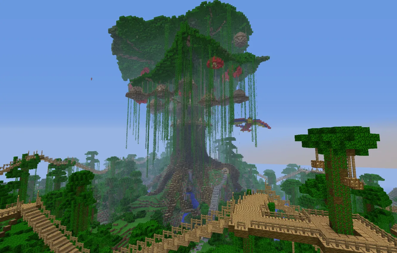 Фото обои лес, небо, мост, дом, дерево, джунгли, jungle, minecraft