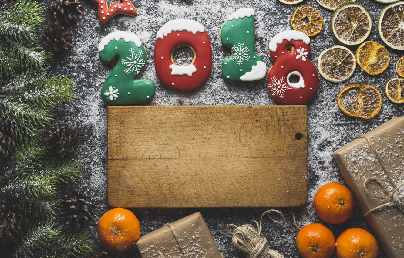Фото обои новый год, ель, печенье, цитрусы, мука, мандарин