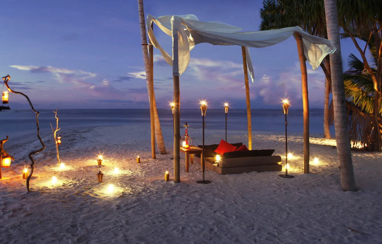 Фото обои пляж, океан, романтика, вечер, свечи