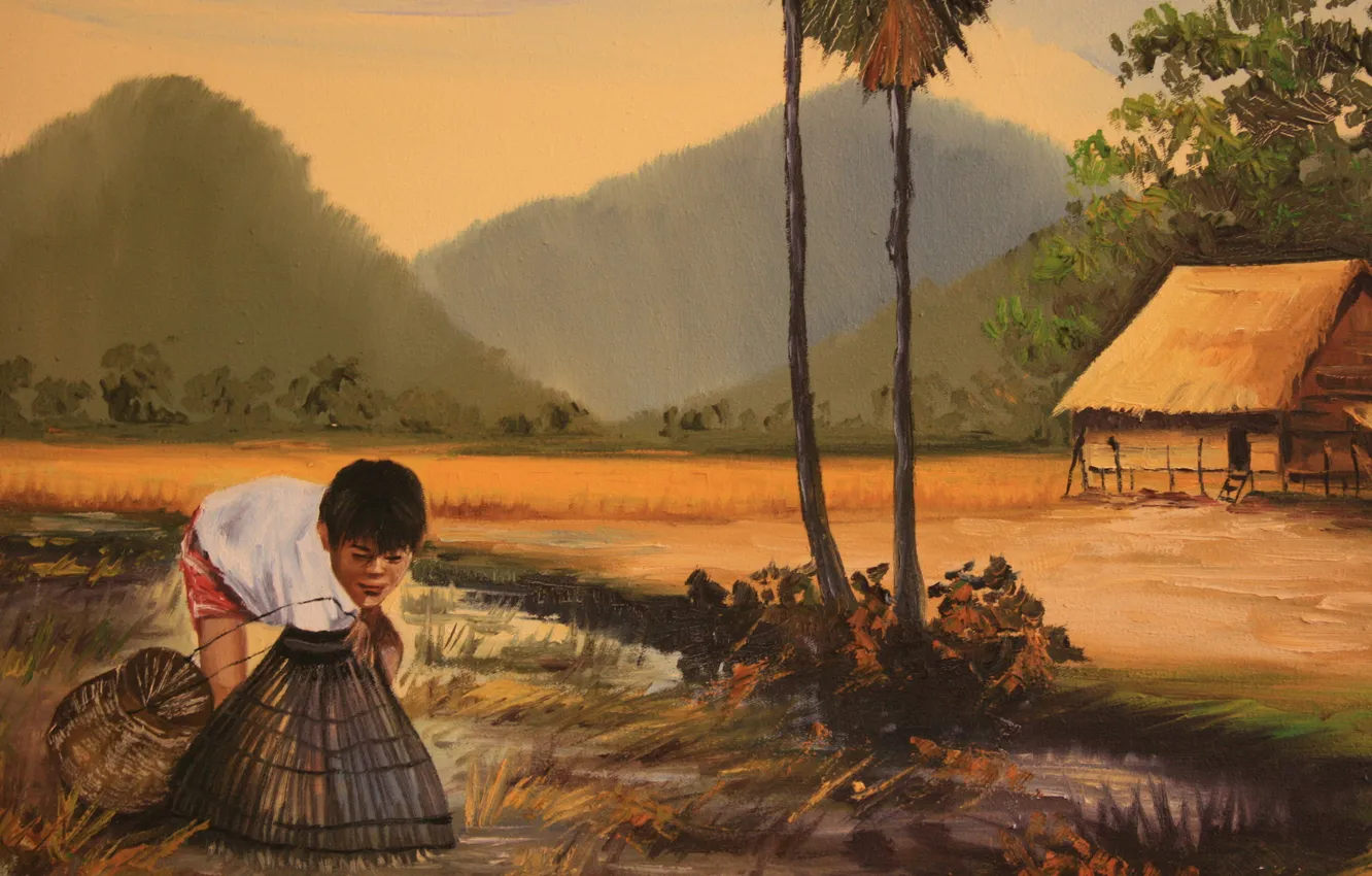 Фото обои рыбалка, картина, рыбак, мальчик, живопись, КАмбоджия