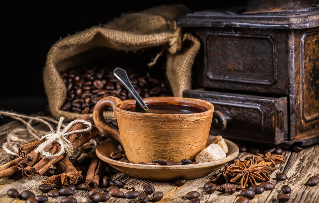 Фото обои кофе, ложка, чашка, зёрна, бадьян, звезда аниса