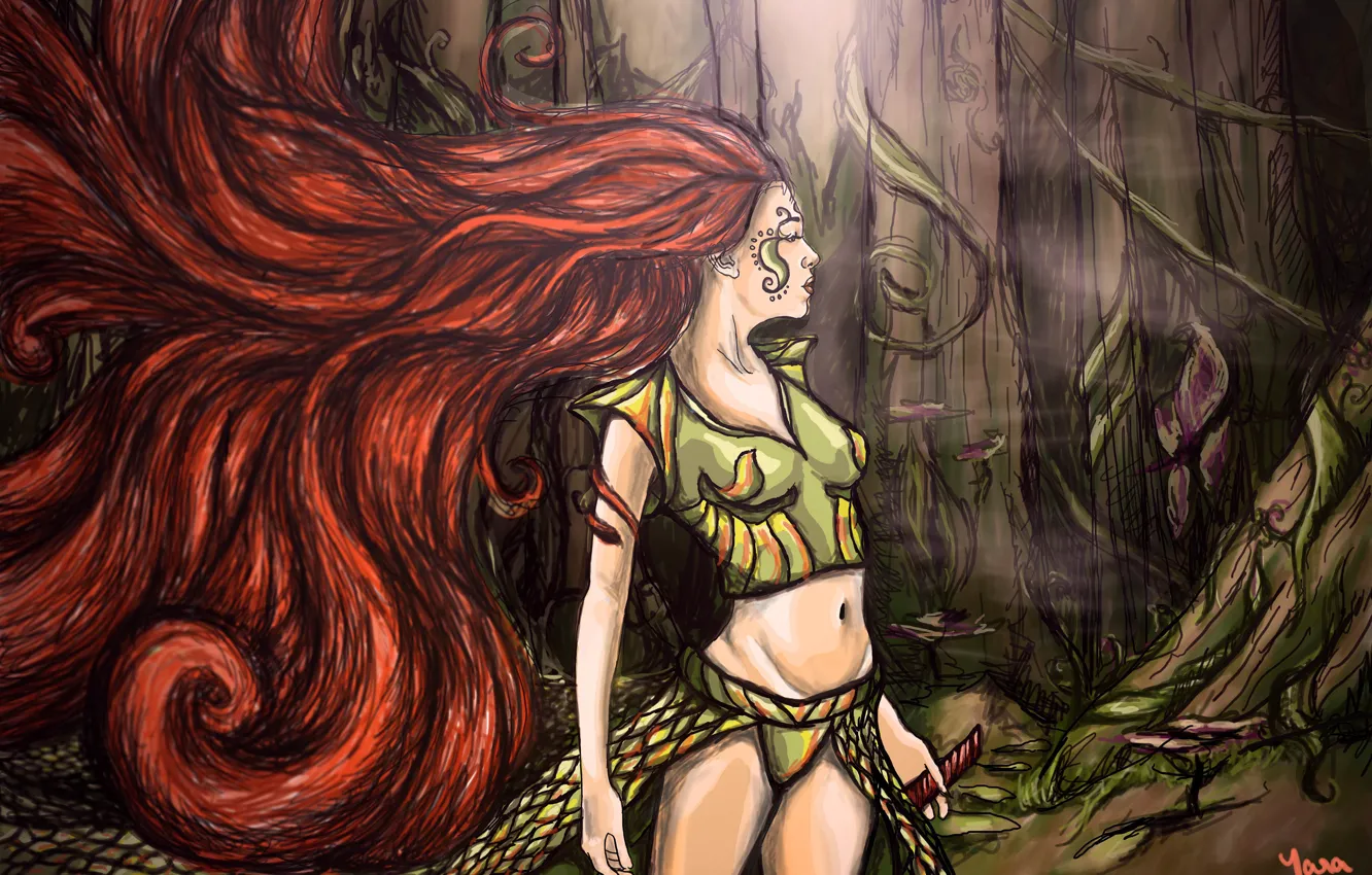 Фото обои лес, девушка, деревья, лицо, оружие, фантастика, волосы, арт