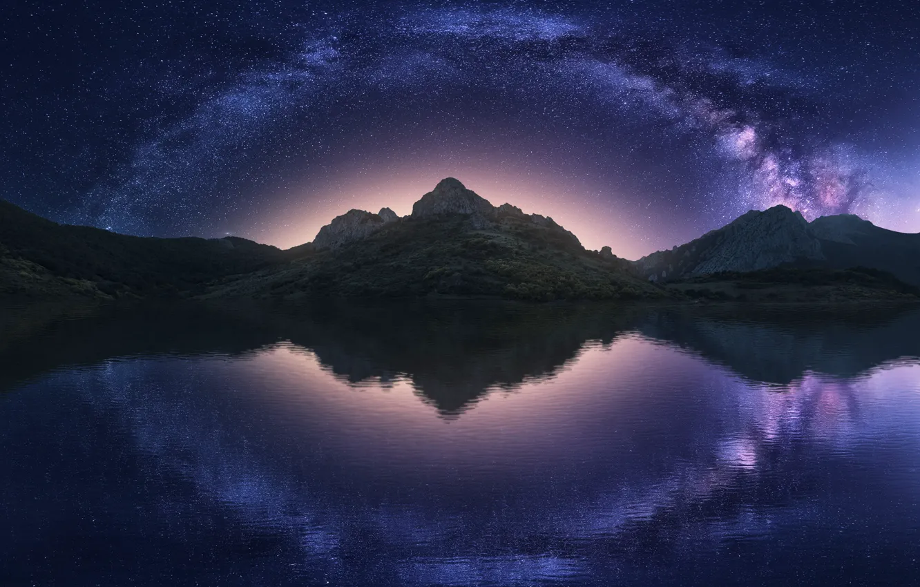 Фото обои небо, вода, звезды, горы, ночь, отражение, млечный путь