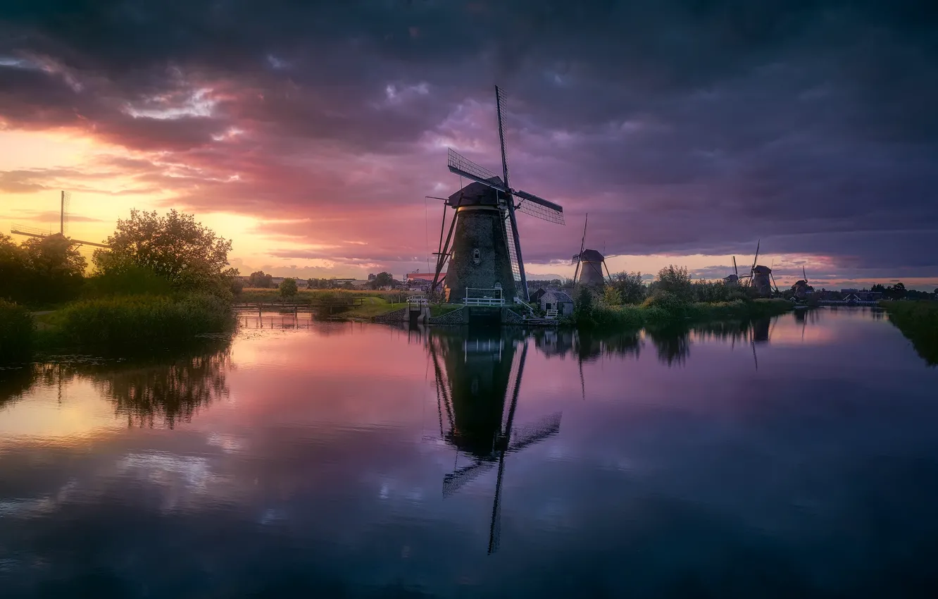 Фото обои река, вечер, канал, Нидерланды, ветряные мельницы