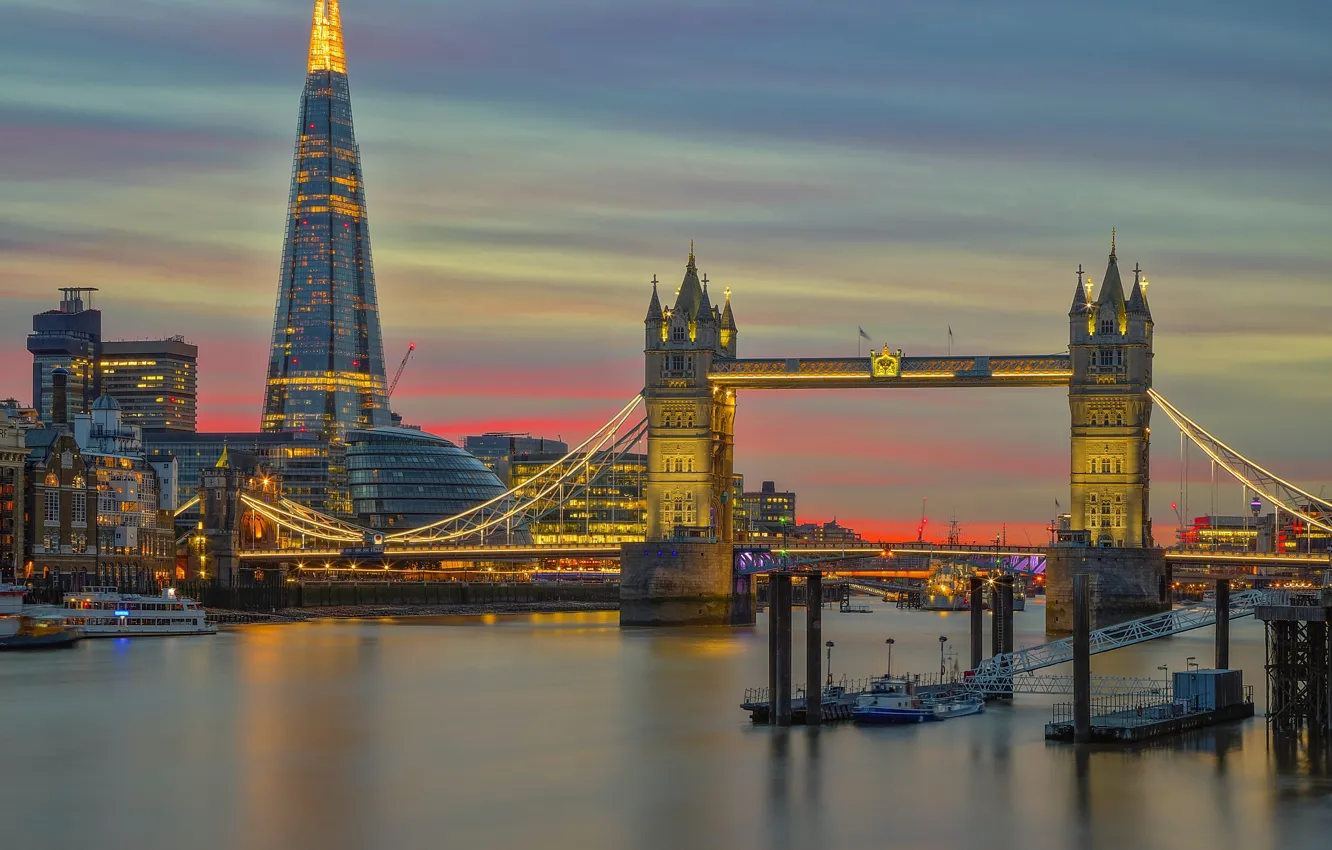 Фото обои огни, Англия, Лондон, башня, Тауэрский мост