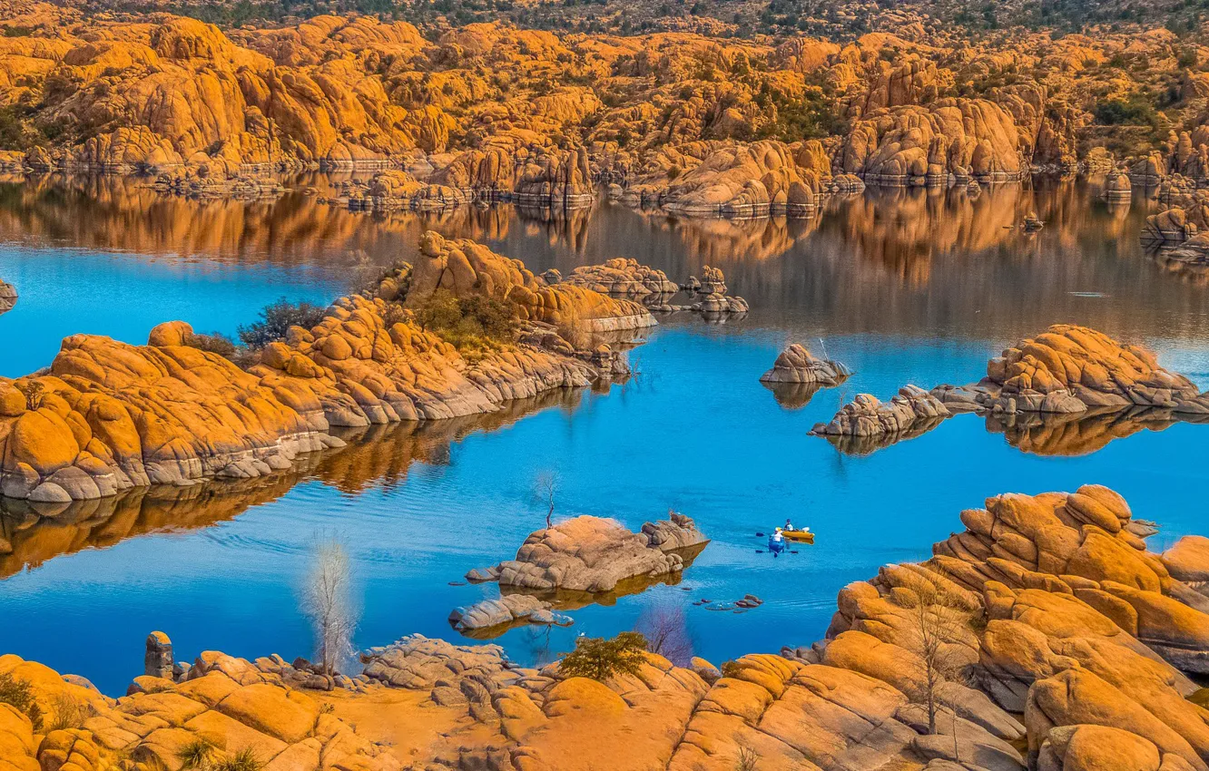 Фото обои скалы, лодка, Аризона, США, озеро Уотсон