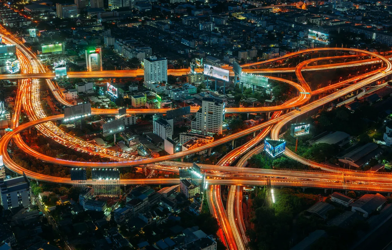 Фото обои свет, ночь, дороги, дома, Тайланд, Bangkok