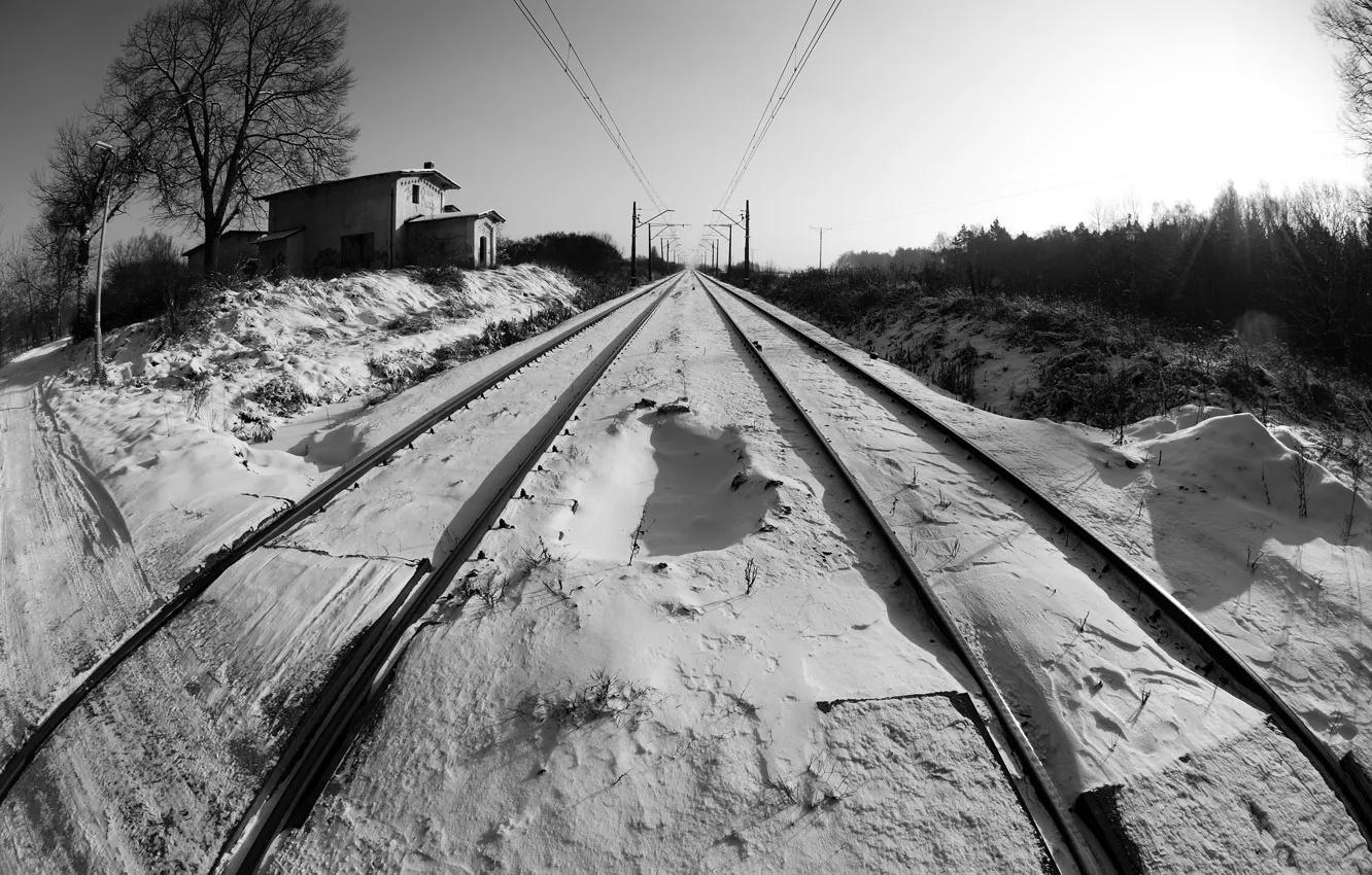 Фото обои зима, снег, перспектива, черно-белая, железная дорога