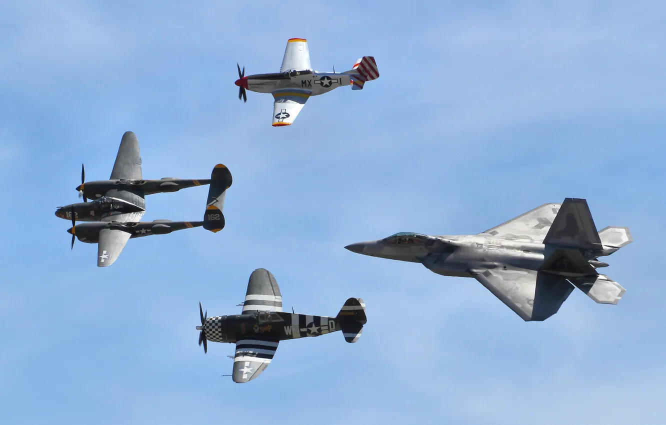 Фото обои полет, Mustang, P-51, Lightning, Thunderbolt, F-22 Raptor, P-38, P47
