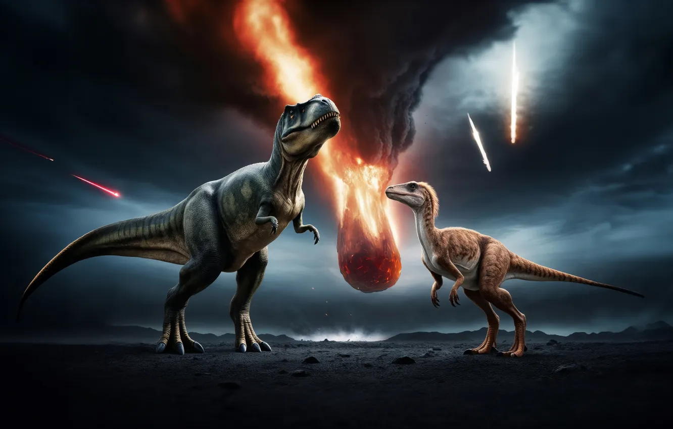 Фото обои Катастрофа, Животные, Цифровое искусство, Тираннозавр, Хищники, Tyrannosaurus Rex, Динозавры, Астероид