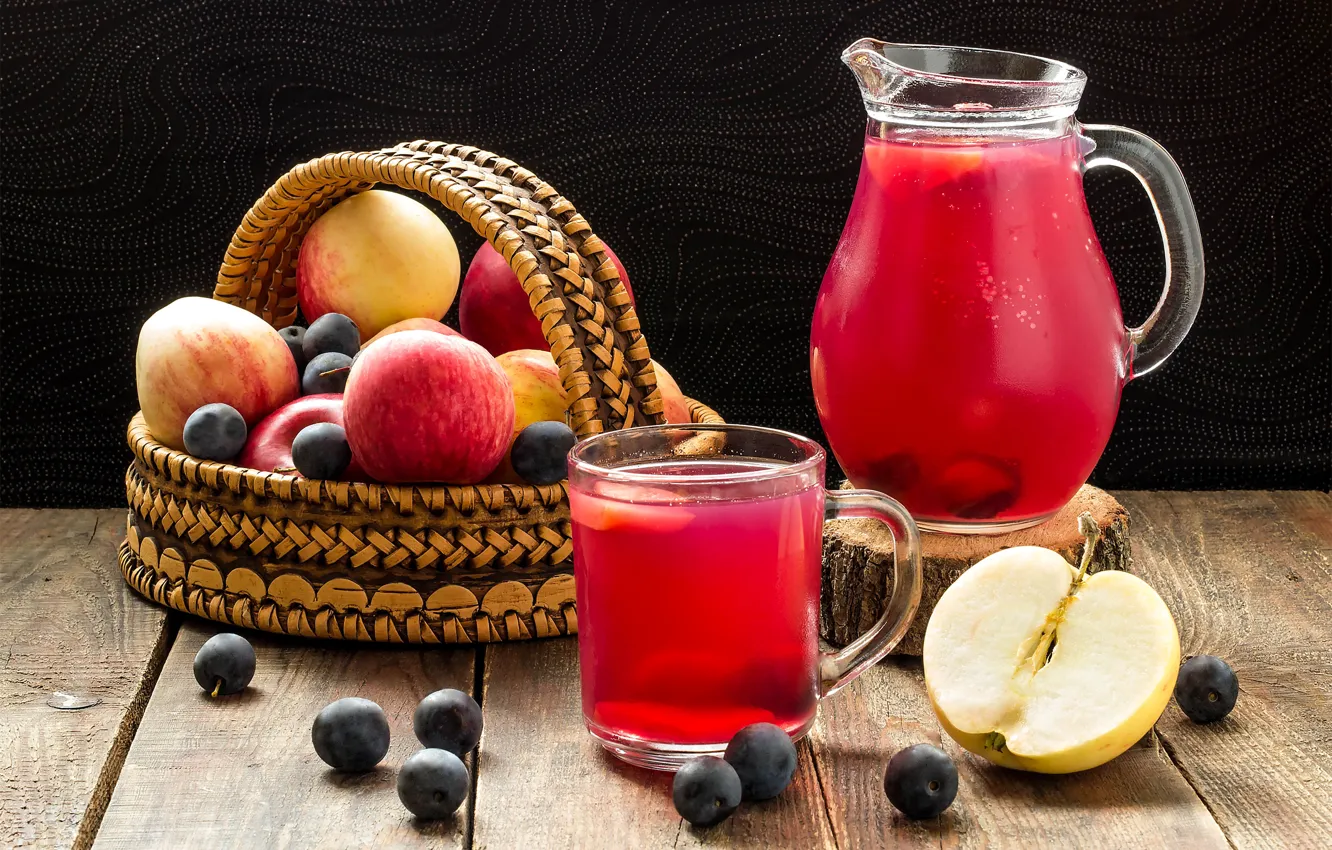 Фото обои яблоко, напиток, фрукты, корзинка, морс