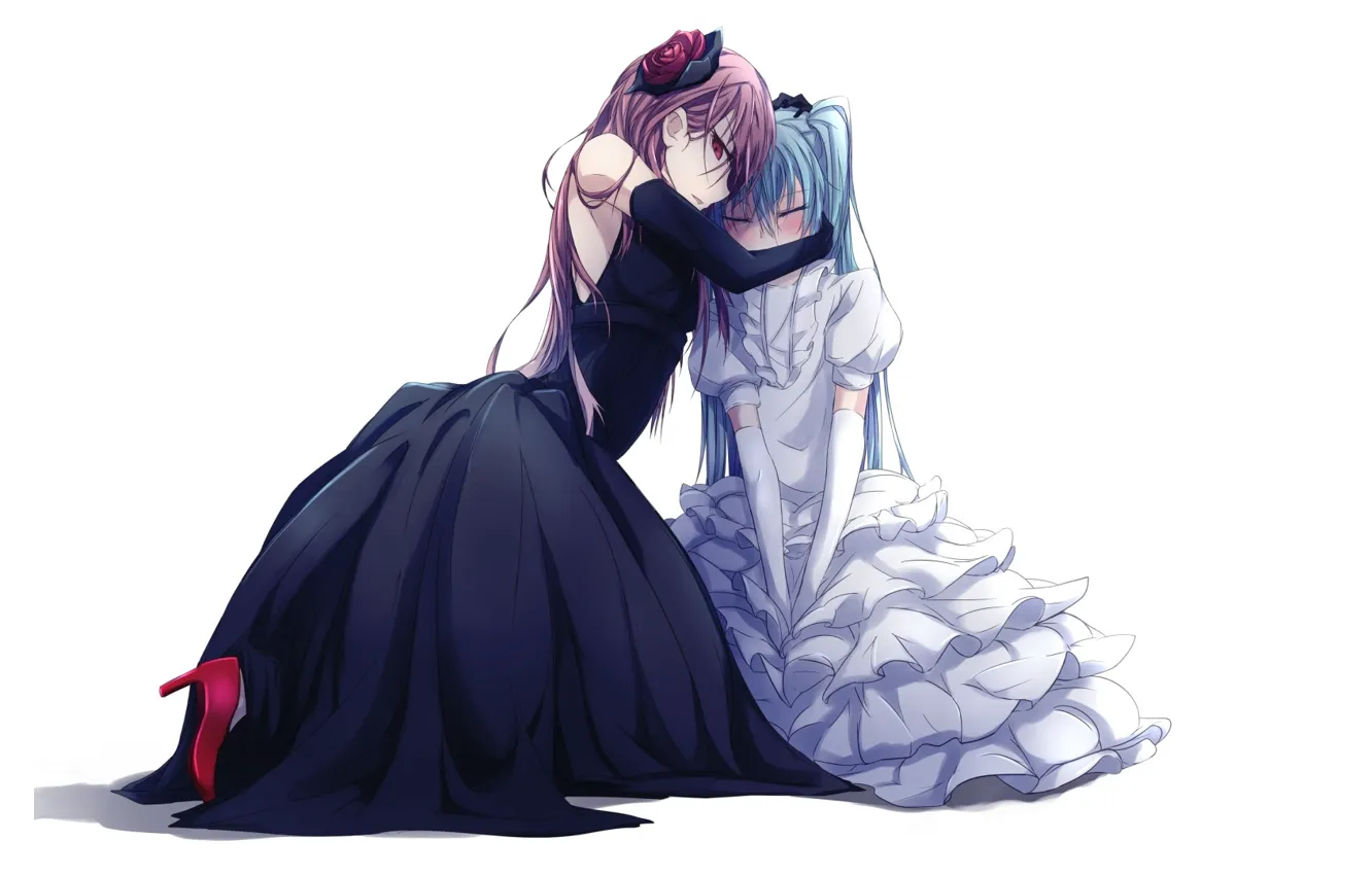 Фото обои слезы, объятия, белый фон, перчатки, vocaloid, черное платье, Hatsune Miku, белое платье