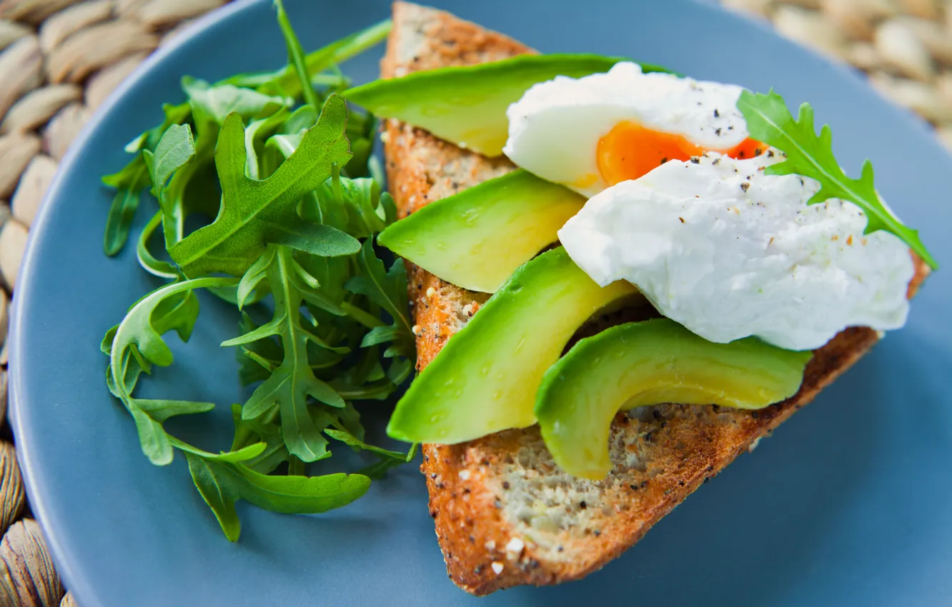 Фото обои яйца, завтрак, хлеб, авокадо, руккола