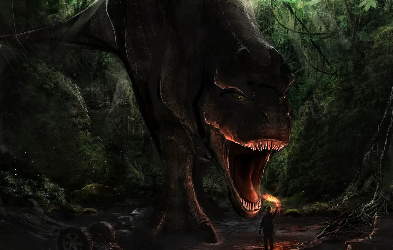 Фото обои лес, огонь, опасность, человек, динозавр, арт, пасть, факел