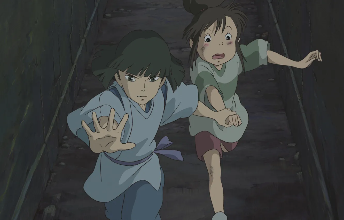 Фото обои аниме, мальчик, арт, девочка, Хаяо Миядзаки, унесенные призраками, тихиро, хаку